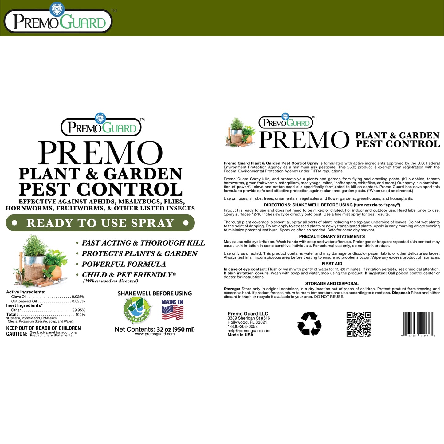 Premium Plant and Garden Pest Control Spray - 32 oz - Plant Based All All Natural Non-Toxic - By Premo Guard - Bird Keeping Supplies for Quail Enthusiasts