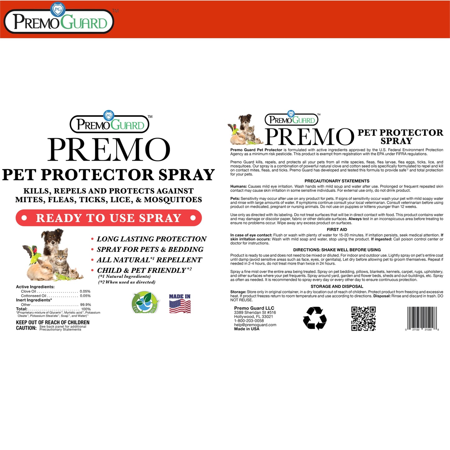 Premium Pet Protector 32 oz - Plant Based All Natural Non-Toxic - By Premo Guard - Homesteading Supplies for Quail Enthusiasts
