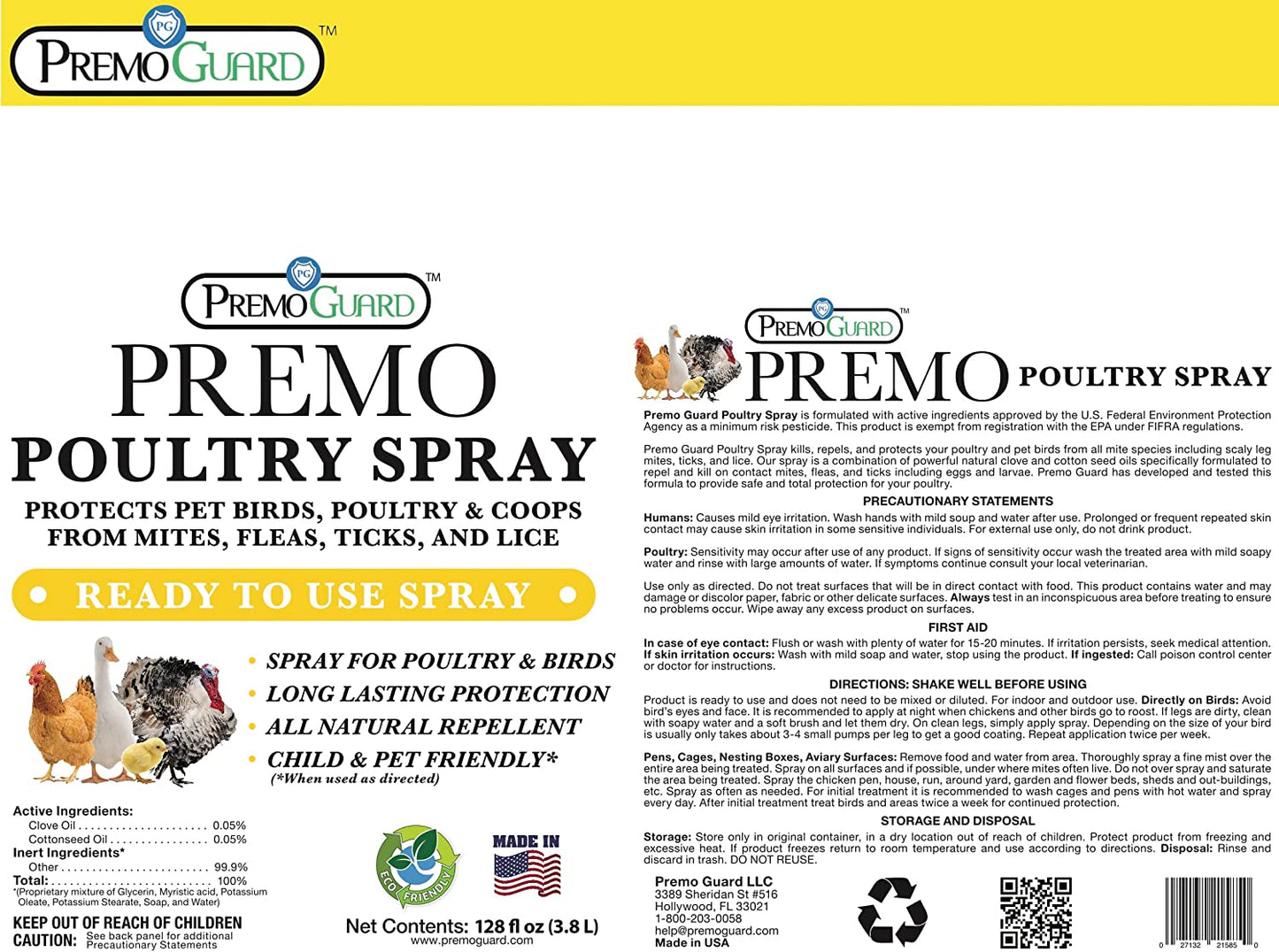 Premium Poultry Spray 128 oz - All Natural Non Toxic - Plant Based All Natural Non-Toxic - By Premo Guard - Bird Keeping Supplies for Quail Enthusiasts
