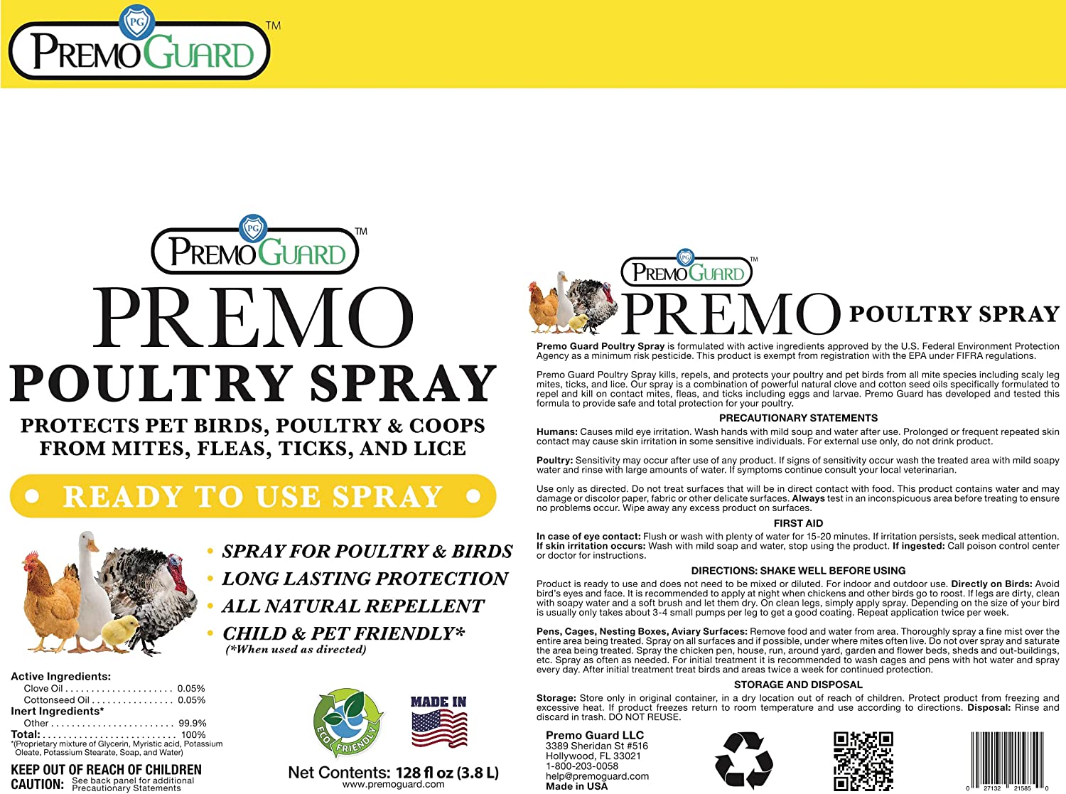 Premium Poultry Spray 128 oz - All Natural Non Toxic - Plant Based All Natural Non-Toxic - By Premo Guard - Bird Keeping Supplies for Quail Enthusiasts