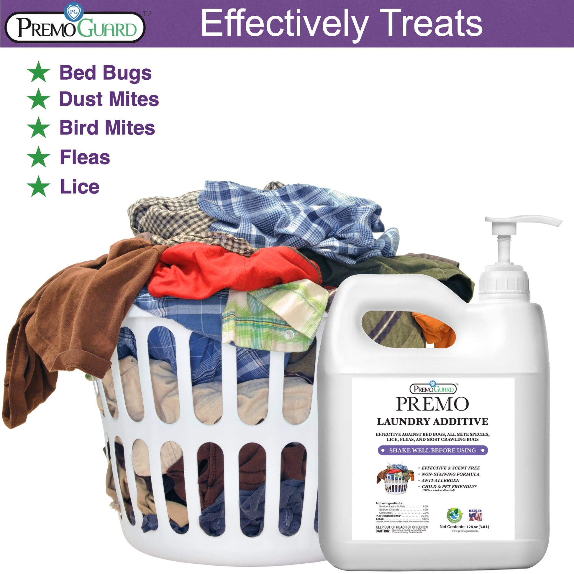 Premium Bed Bug & Mite Killer Laundry Additive - 128 oz - All Natural Non-Toxic - By Premo Guard - Homesteading Supplies for Quail Enthusiasts