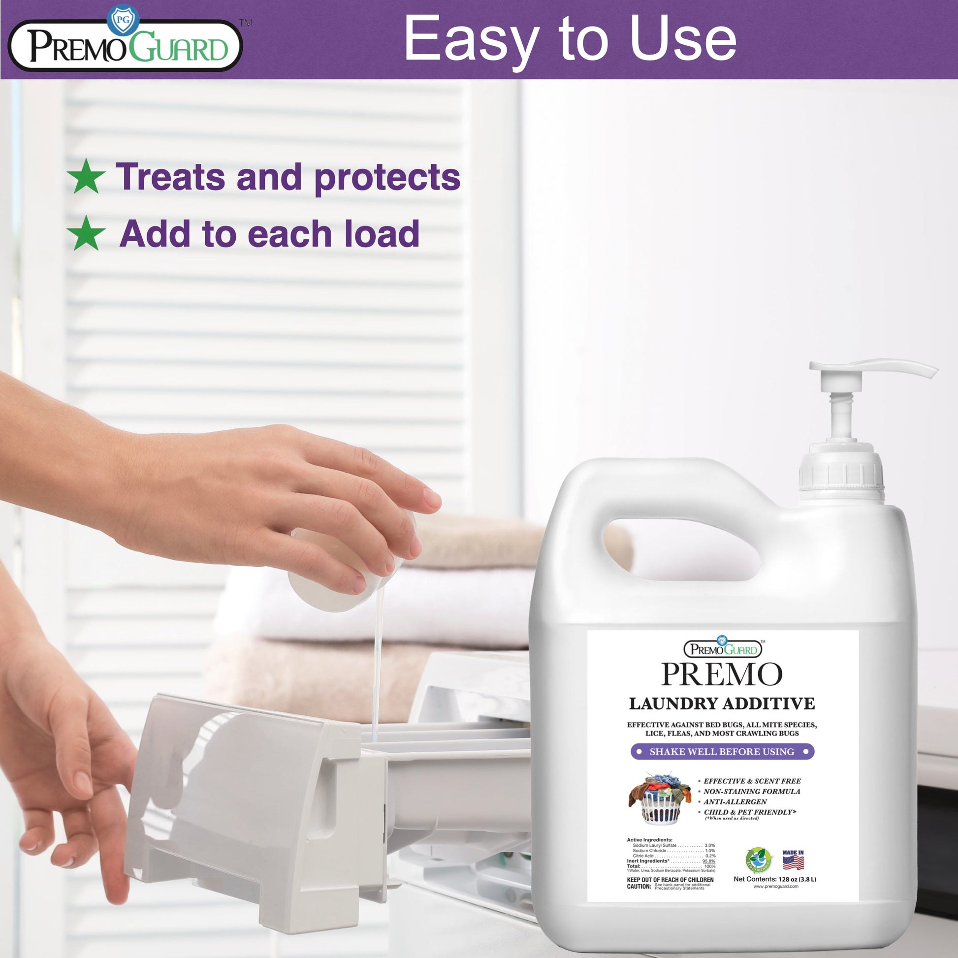 Premium Bed Bug & Mite Killer Laundry Additive - 128 oz - All Natural Non-Toxic - By Premo Guard - Homesteading Supplies for Quail Enthusiasts