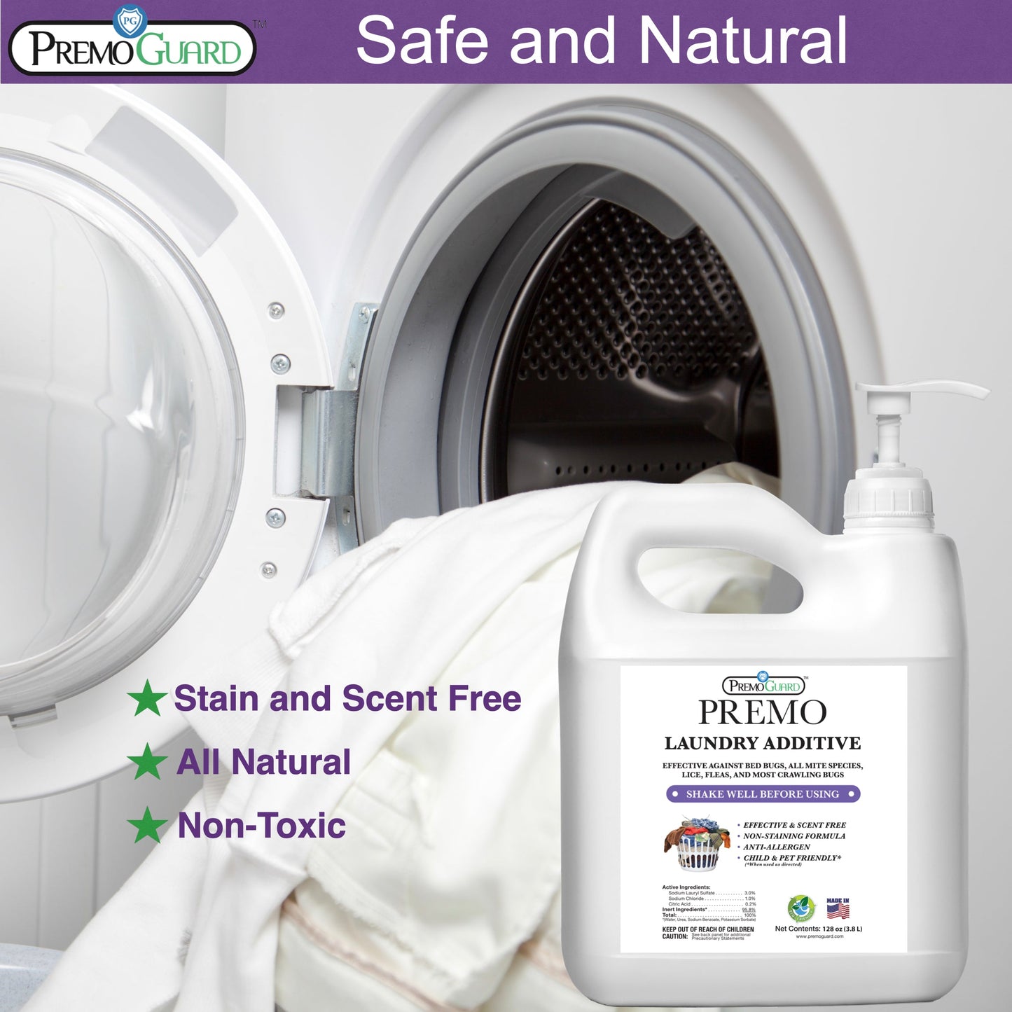 Premium Bed Bug & Mite Killer Laundry Additive - 128 oz - All Natural Non-Toxic - By Premo Guard - Homesteading Supplies for Quail Enthusiasts