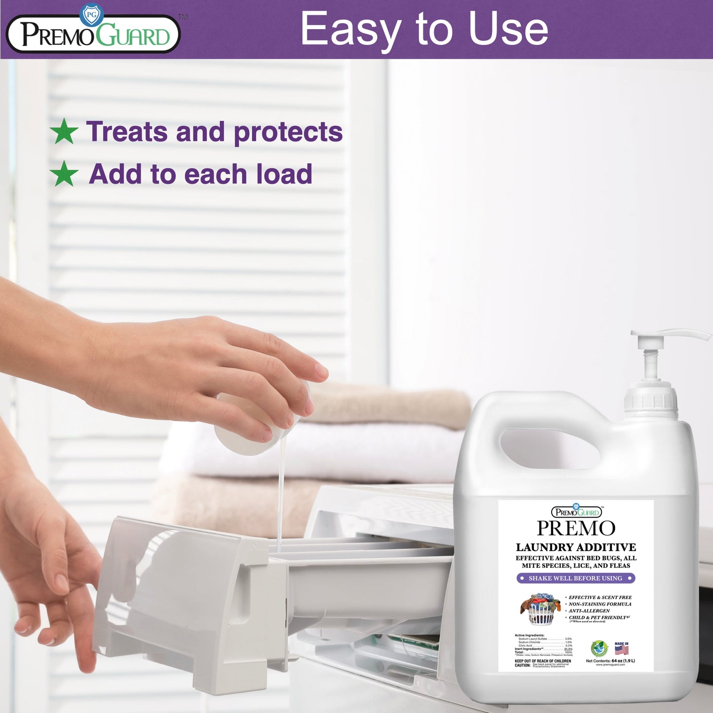Premium Bed Bug & Mite Killer Laundry Additive - 64 oz - All Natural Non-Toxic - By Premo Guard - Homesteading Supplies for Quail Enthusiasts