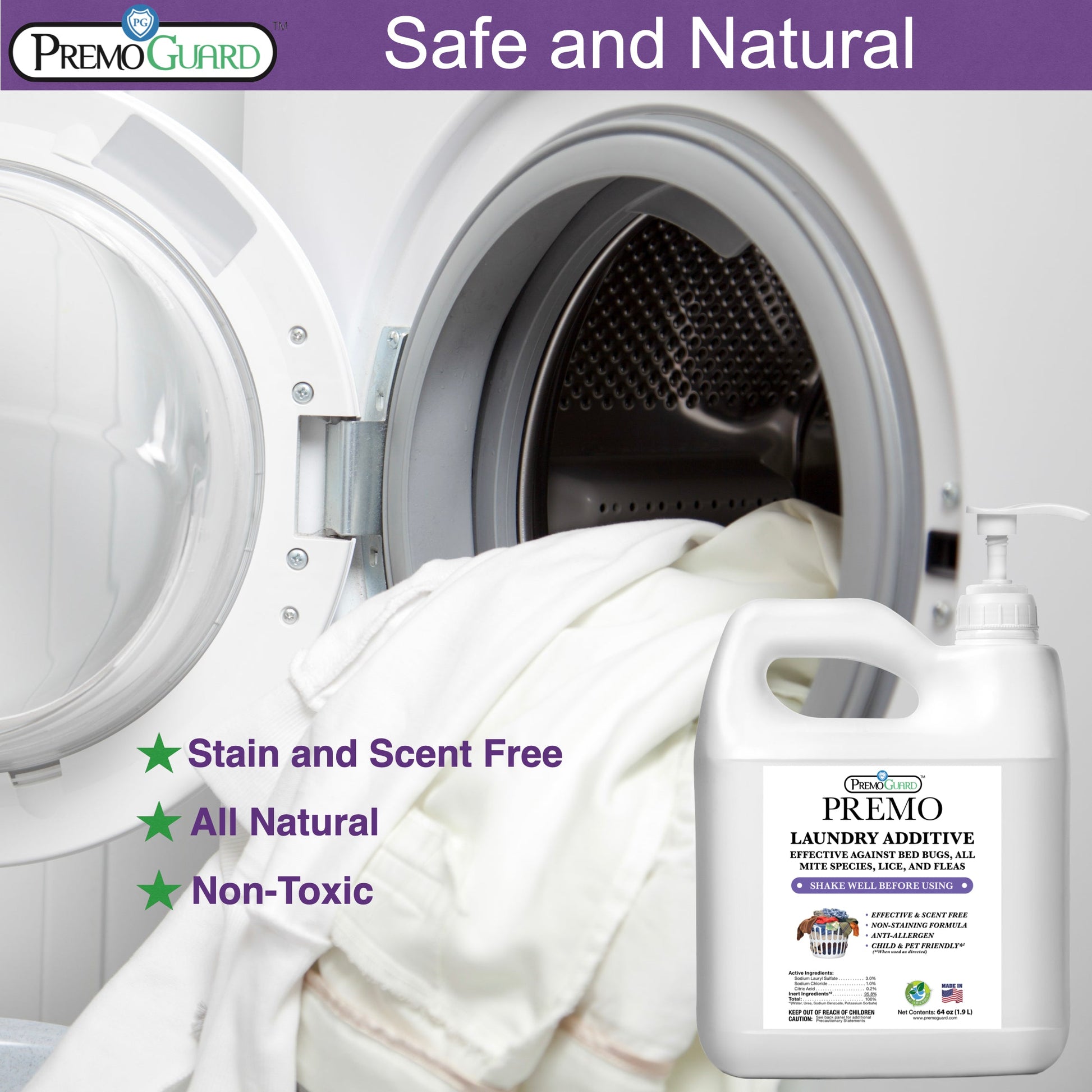 Premium Bed Bug & Mite Killer Laundry Additive - 64 oz - All Natural Non-Toxic - By Premo Guard - Homesteading Supplies for Quail Enthusiasts