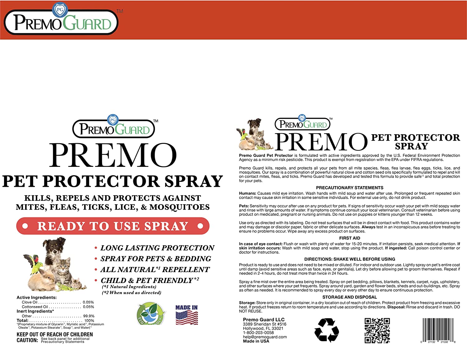 Premium Pet Protector 16 oz - Plant Based All Natural Non-Toxic - By Premo Guard - Pet Accesories for Quail Enthusiasts