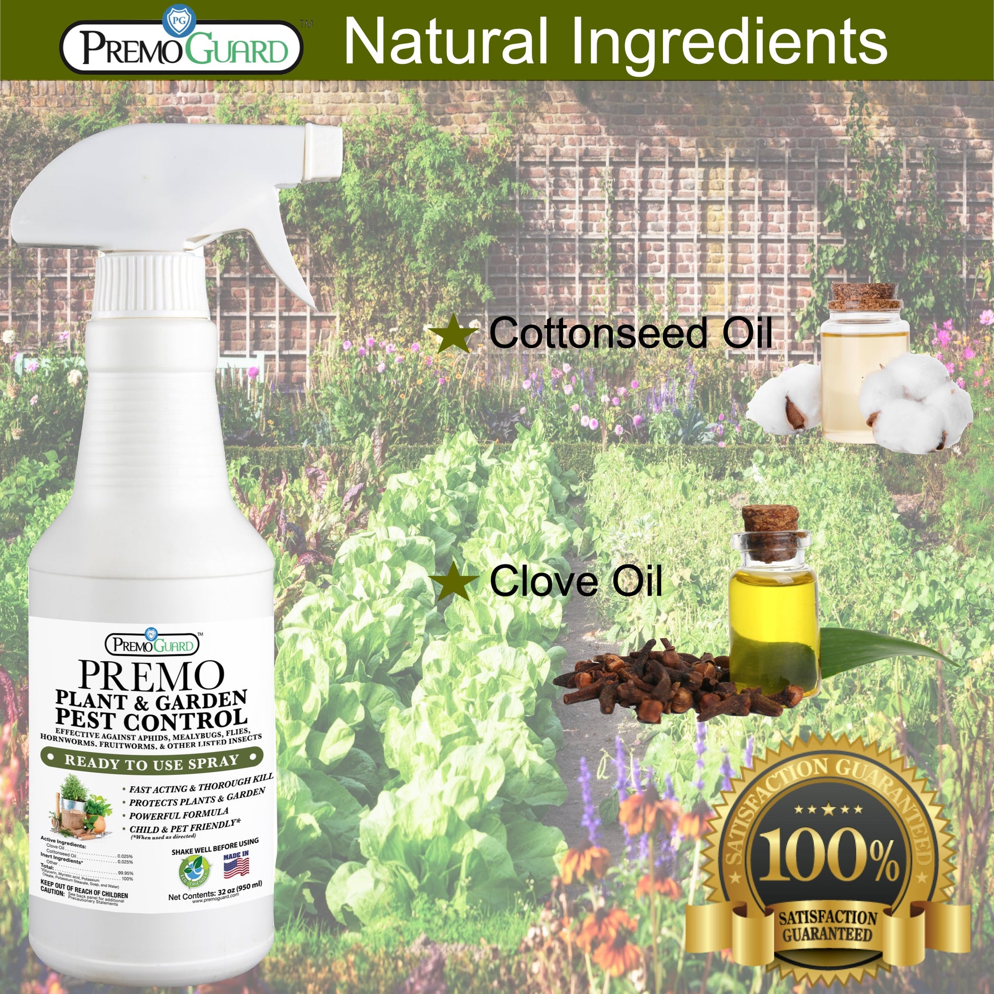 Premium Plant and Garden Pest Control Spray - 32 oz - Plant Based All All Natural Non-Toxic - By Premo Guard - Bird Keeping Supplies for Quail Enthusiasts