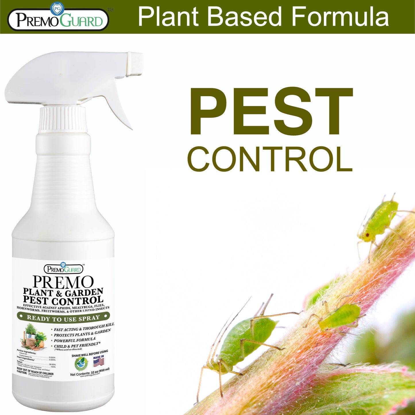 Premium Plant and Garden Pest Control Spray - 32 oz - Plant Based All All Natural Non-Toxic - By Premo Guard - Bird Keeping Supplies for Quail Enthusiasts