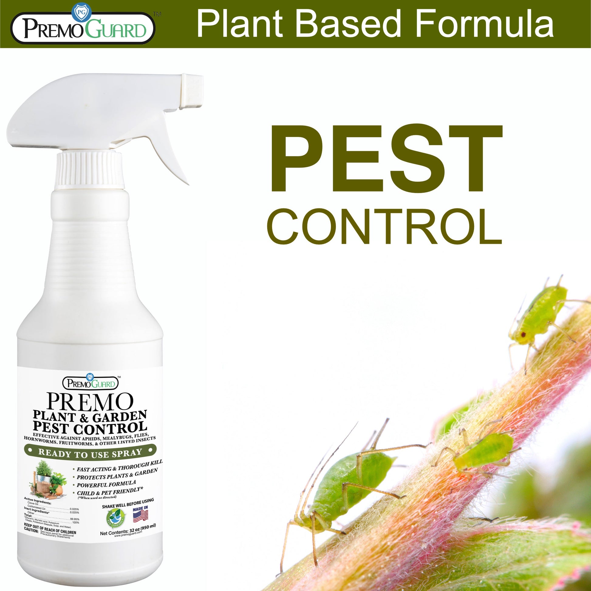 Premium Plant and Garden Pest Control Spray - 32 oz - Plant Based All All Natural Non-Toxic - By Premo Guard - Bird Keeping Supplies for Quail Enthusiasts