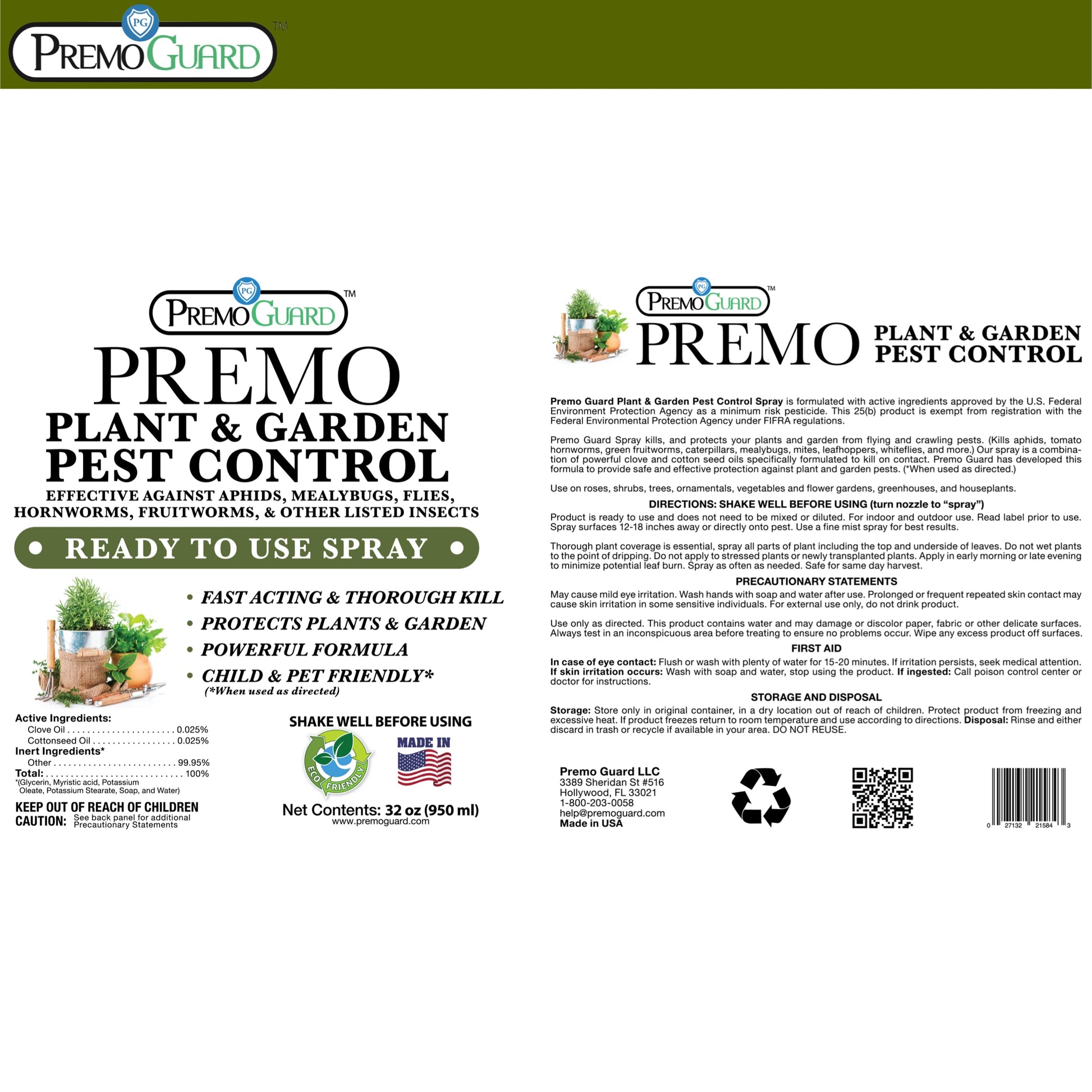 Premium Plant and Garden Pest Control Spray - 32 oz - Plant Based All All Natural Non-Toxic - By Premo Guard - Bird Keeping Supplies for Quail Enthusiasts
