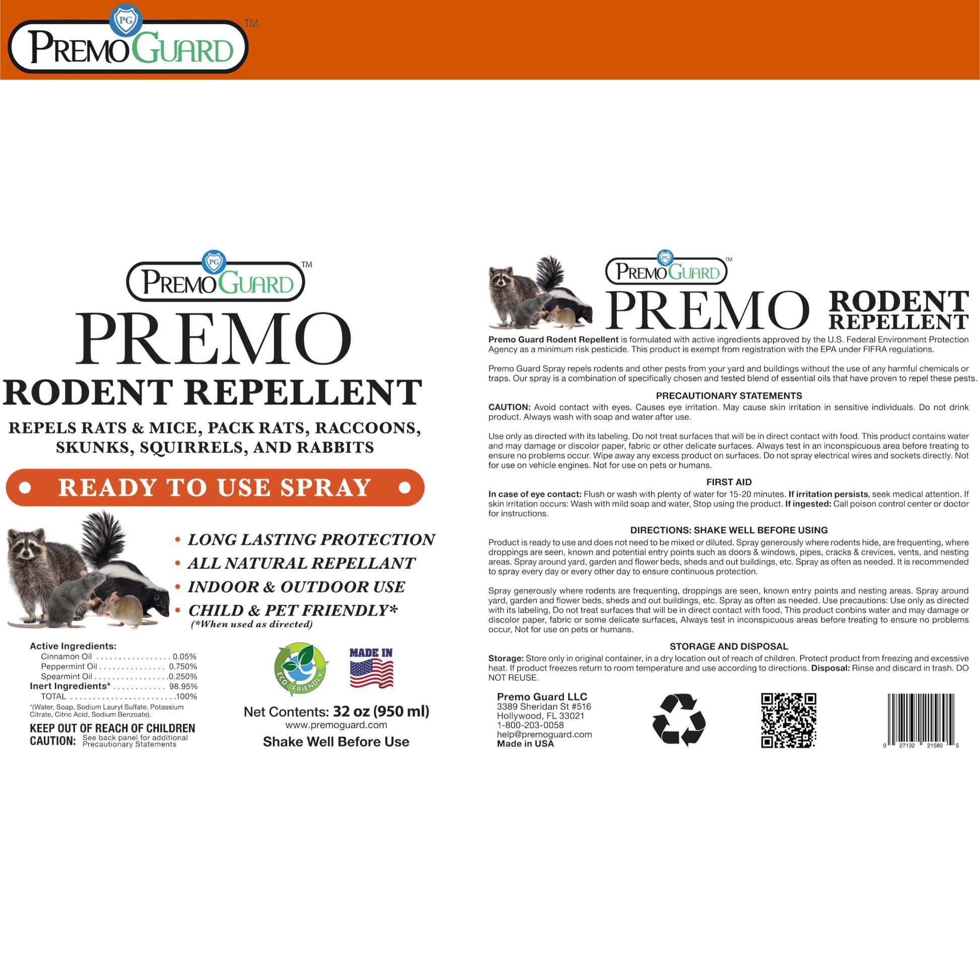 Premium Rodent Repellent Spray - 32 oz - Plant Based All Natural Non-Toxic - By Premo Guard - Bird Keeping Supplies for Quail Enthusiasts
