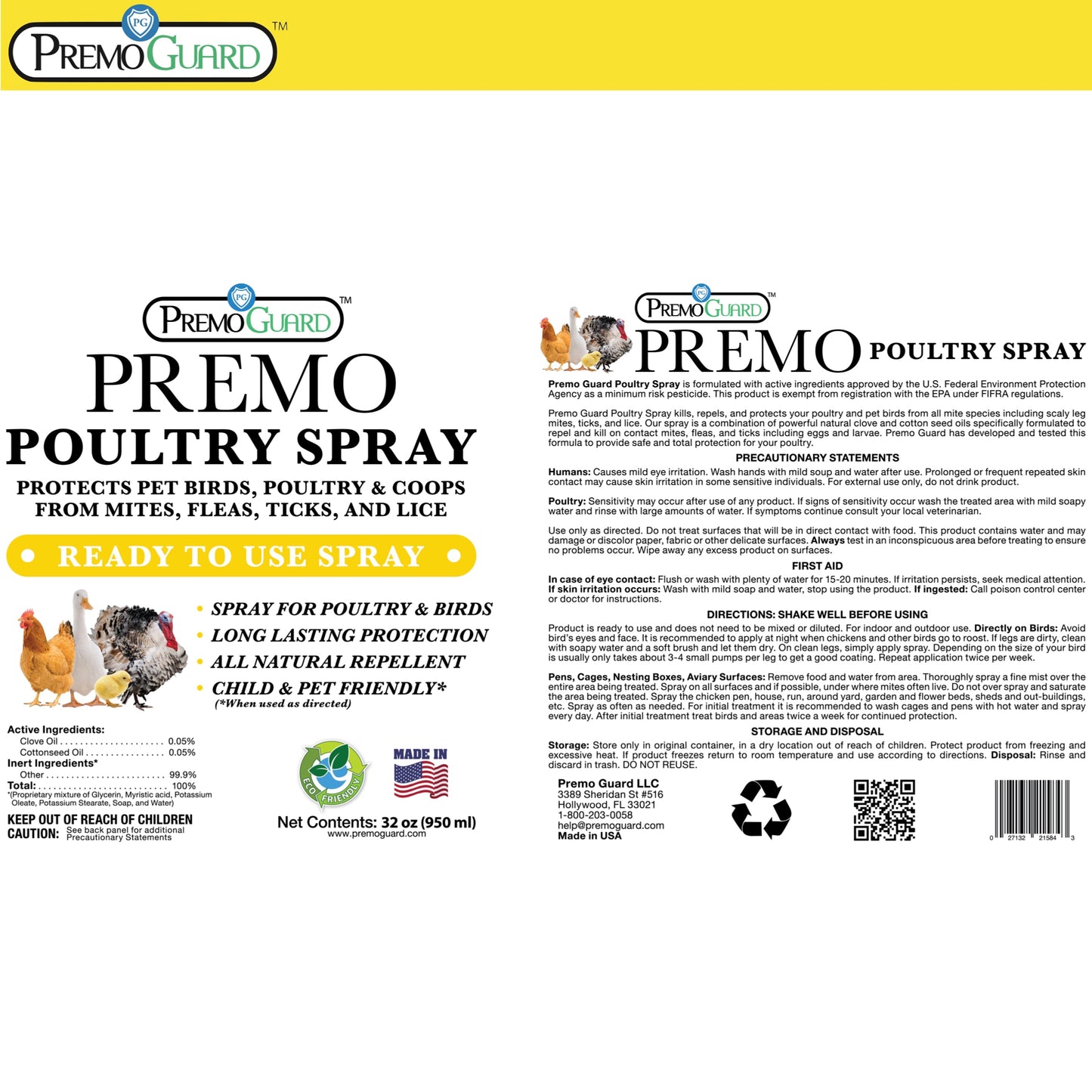 Premium Poultry Spray - Plant Based All Natural Non-Toxic - By Premo Guard - Bird Keeping Supplies for Quail Enthusiasts