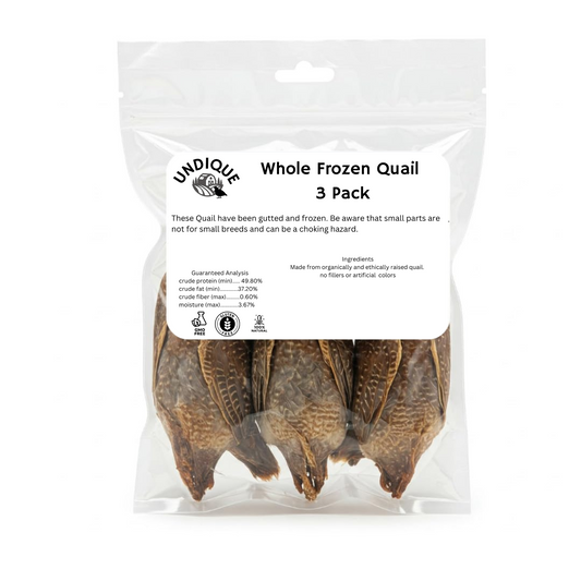 Packaged dehydrated whole quail with UNDIQUE branding on a white background