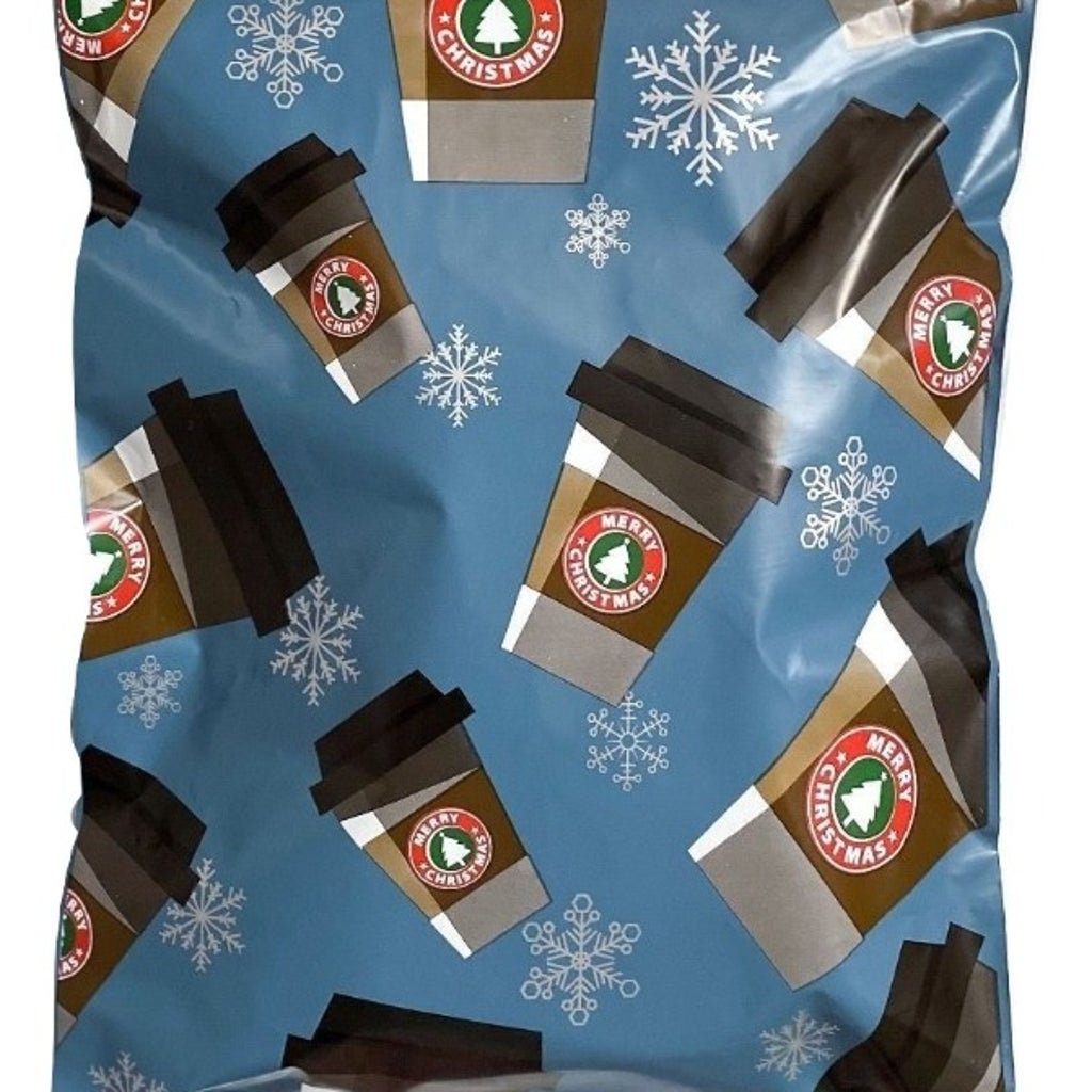 Premium Blue Coffee Cup Cappuccino Christmas Winter Poly Mailers Size 10x13 Shipping Bags - Packaging Materials for Quail Enthusiasts