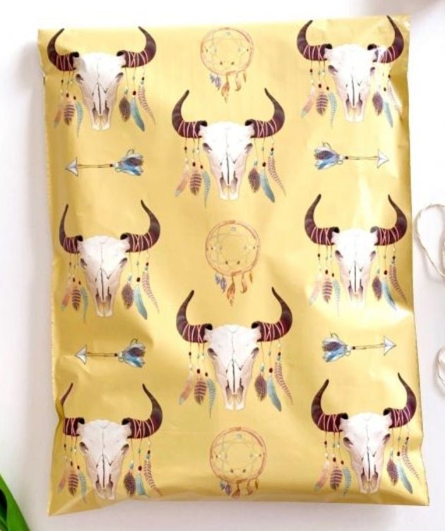 Premium Boho Bull Skull Western Poly Mailers Size 14x17 Western Shipping Bags - Packaging Materials for Quail Enthusiasts