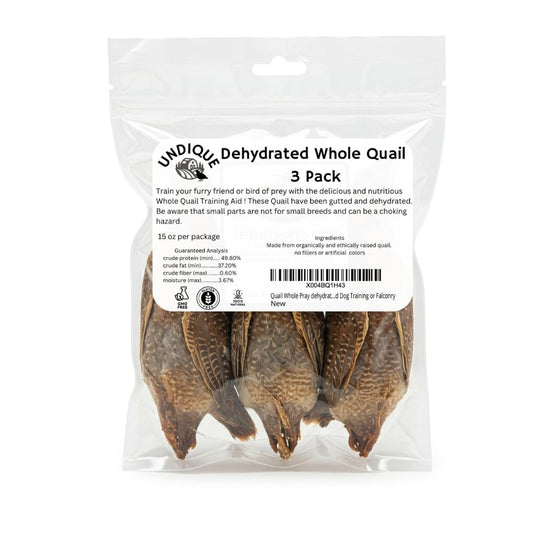 Packaged dehydrated whole quail with UNDIQUE branding on a white background