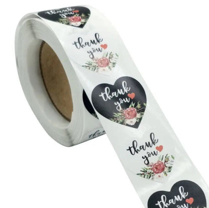 Premium Thank You Stickers 1.5 inch 500 Count Per Roll Black Rose Flowers Heart Shaped Shipping Supplies - Packaging Materials for Quail Enthusiasts