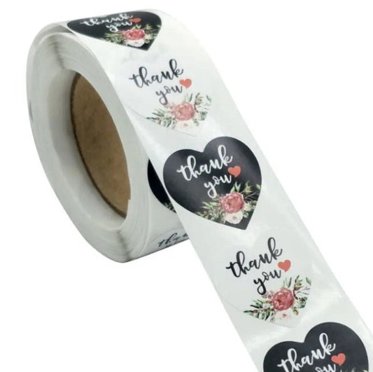 Premium Thank You Stickers 1.5 inch 500 Count Per Roll Black Rose Flowers Heart Shaped Shipping Supplies - Packaging Materials for Quail Enthusiasts