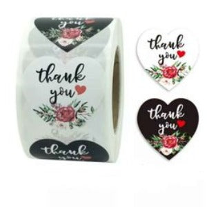 Premium Thank You Stickers 1.5 inch 500 Count Per Roll Black Rose Flowers Heart Shaped Shipping Supplies - Packaging Materials for Quail Enthusiasts