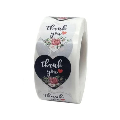 Premium Thank You Stickers 1.5 inch 500 Count Per Roll Black Rose Flowers Heart Shaped Shipping Supplies - Packaging Materials for Quail Enthusiasts