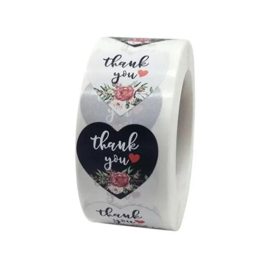 Premium Thank You Stickers 1.5 inch 500 Count Per Roll Black Rose Flowers Heart Shaped Shipping Supplies - Packaging Materials for Quail Enthusiasts