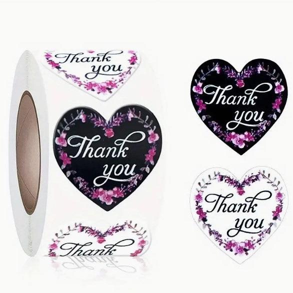 Premium Thank You Stickers 1.5 inch 500 Count Per Roll Pink Flowers Heart Shaped Shipping Supplies - Packaging Materials for Quail Enthusiasts