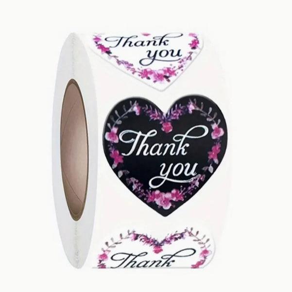 Premium Thank You Stickers 1.5 inch 500 Count Per Roll Pink Flowers Heart Shaped Shipping Supplies - Packaging Materials for Quail Enthusiasts