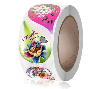 Premium Water Drop Floral Thank You Stickers 2.15 inch x 1.5 inch 500 Count Per Roll Pink Green Shipping Supplies - Packaging Materials for Quail Enthusiasts