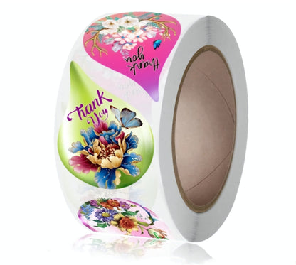 Premium Water Drop Floral Thank You Stickers 2.15 inch x 1.5 inch 500 Count Per Roll Pink Green Shipping Supplies - Packaging Materials for Quail Enthusiasts